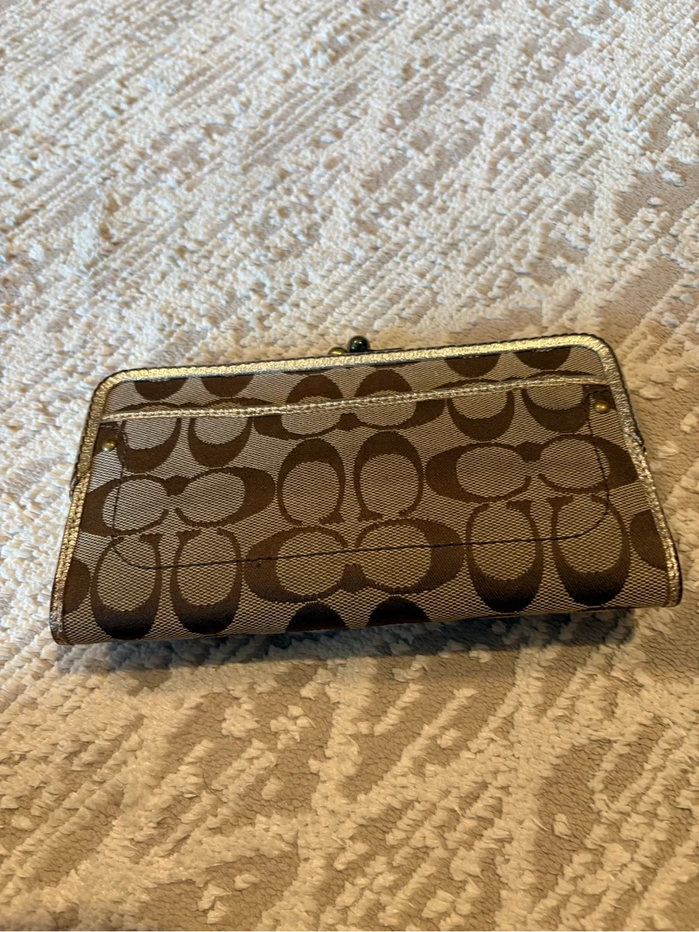 Coach Brown Signature Canvas Wallet with Metallic Gold Accent and Turn-Lock